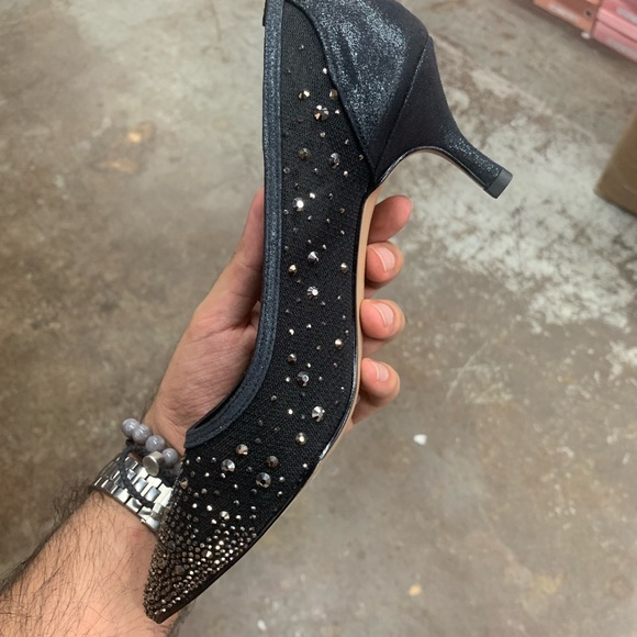 Women’s Crystal Embellished Kitten Heel Pumps in Black Mesh and Faux Leather - Picture 6 of 8